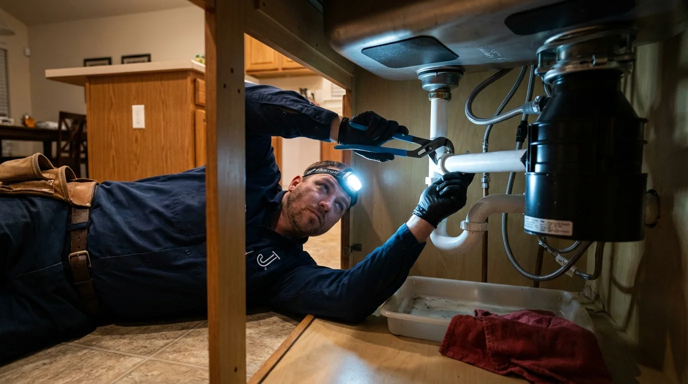 P-trap and supply line connections under a kitchen sink showing a common leak point in Redwater, TX